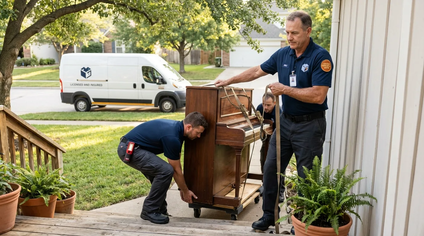 Licensed piano movers securing grand piano in Cape Girardeau, MO