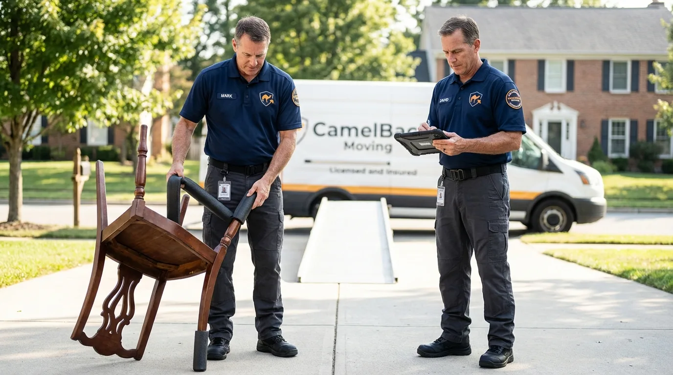 Movers inspecting furniture for damage prevention before loading in Cape Girardeau, MO