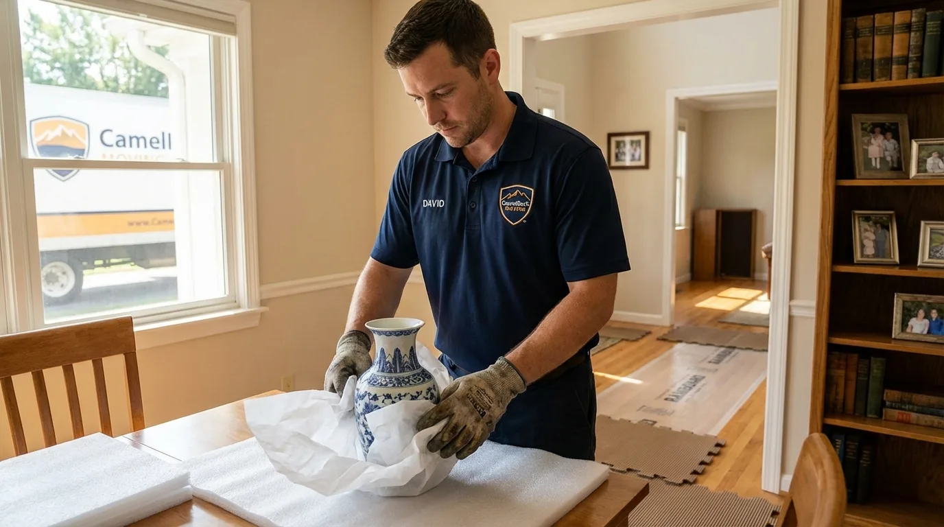 Professional crew carefully wrapping antique vase for senior downsizing move in Cape Girardeau, MO